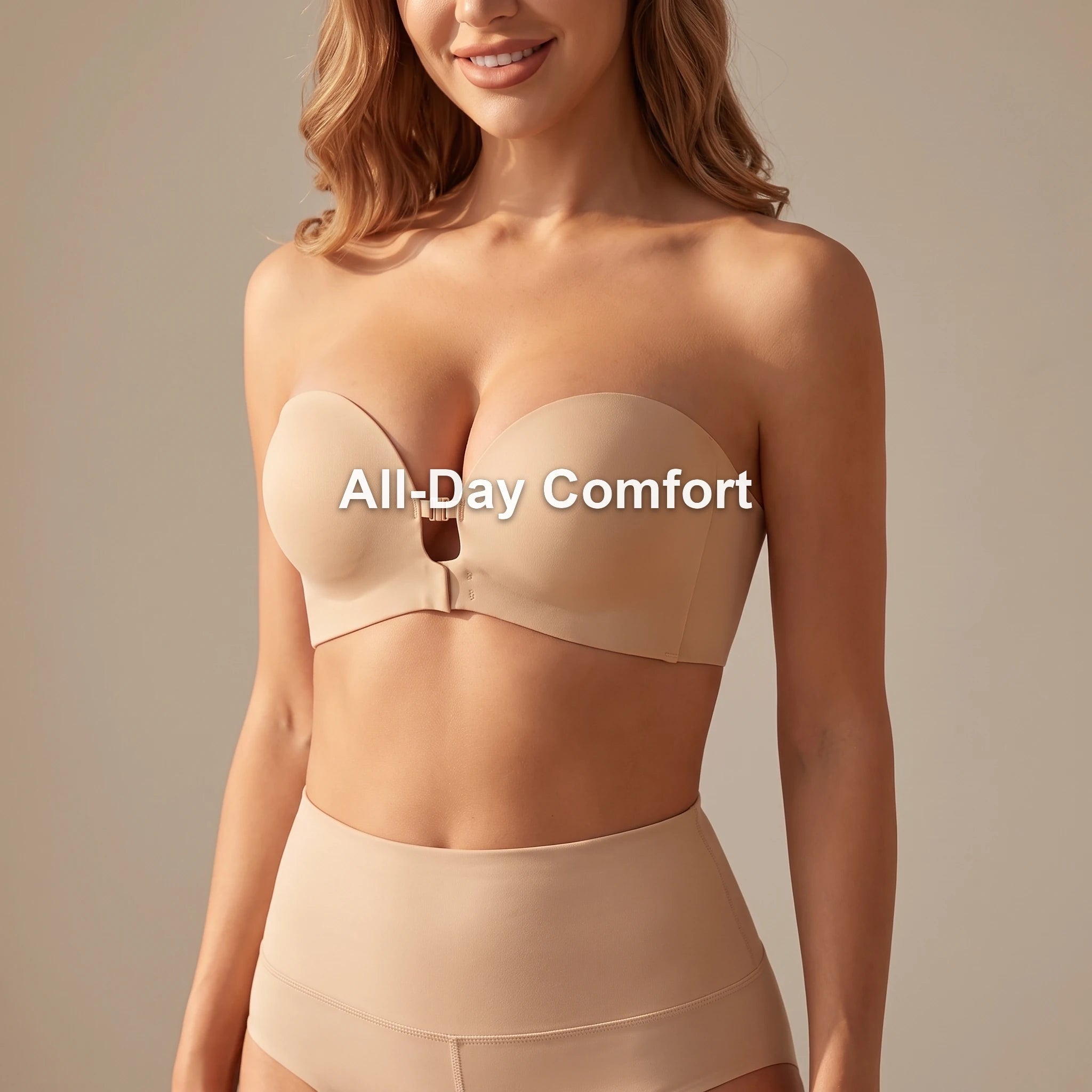 Woman wearing the nude strapless bra with matching bottom, all-day comfort