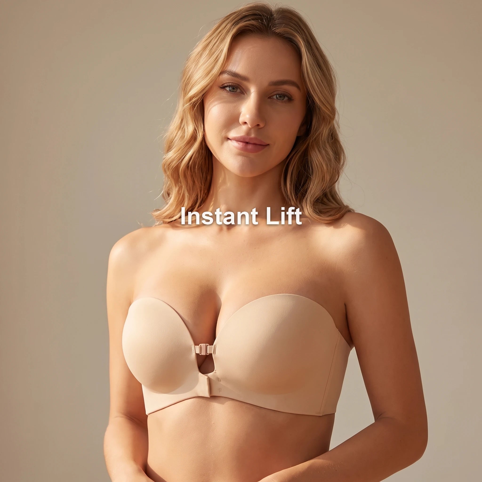 Nude strapless push-up bra front view, instant lift