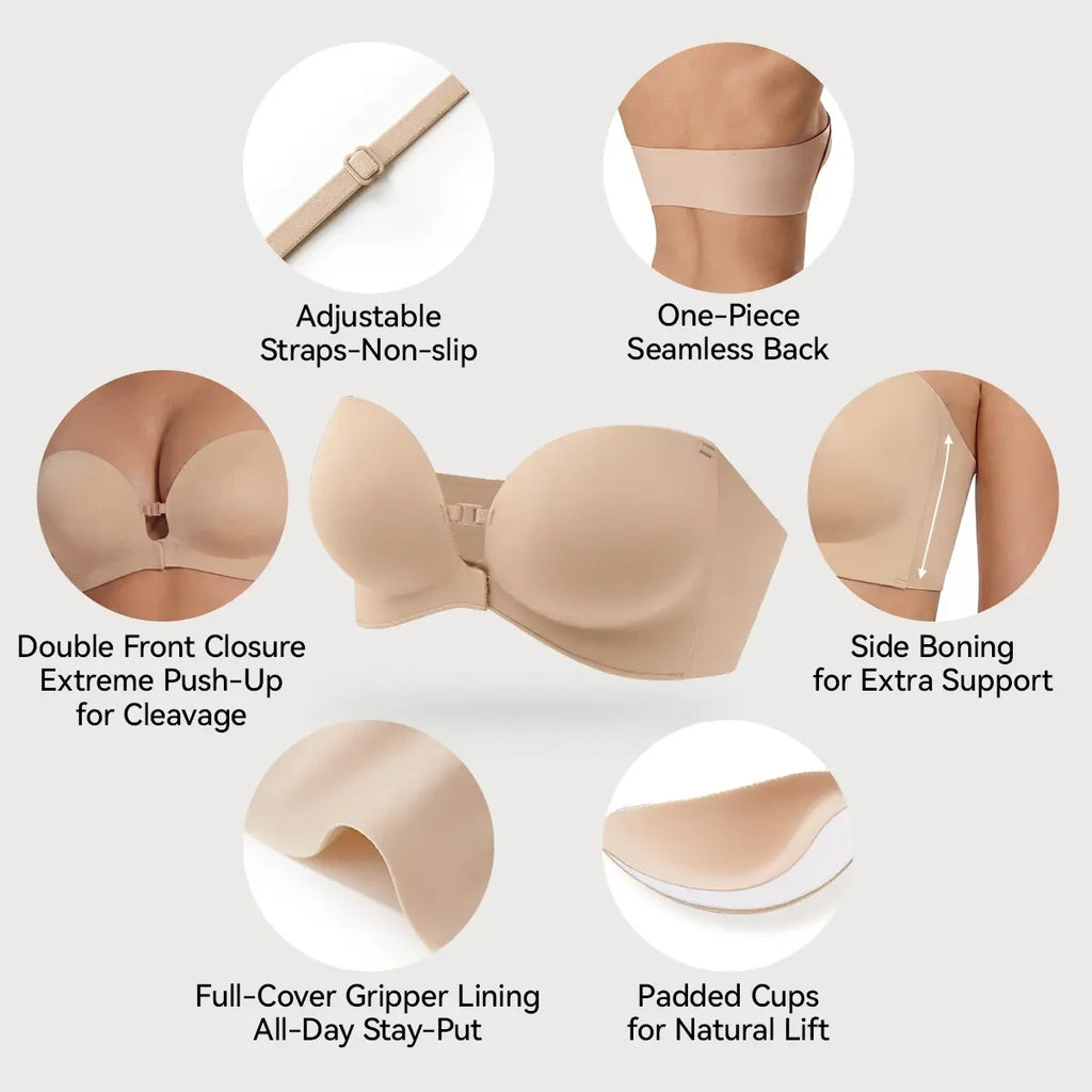 Strapless bra features: seamless back, front closure, side boning, padded cups