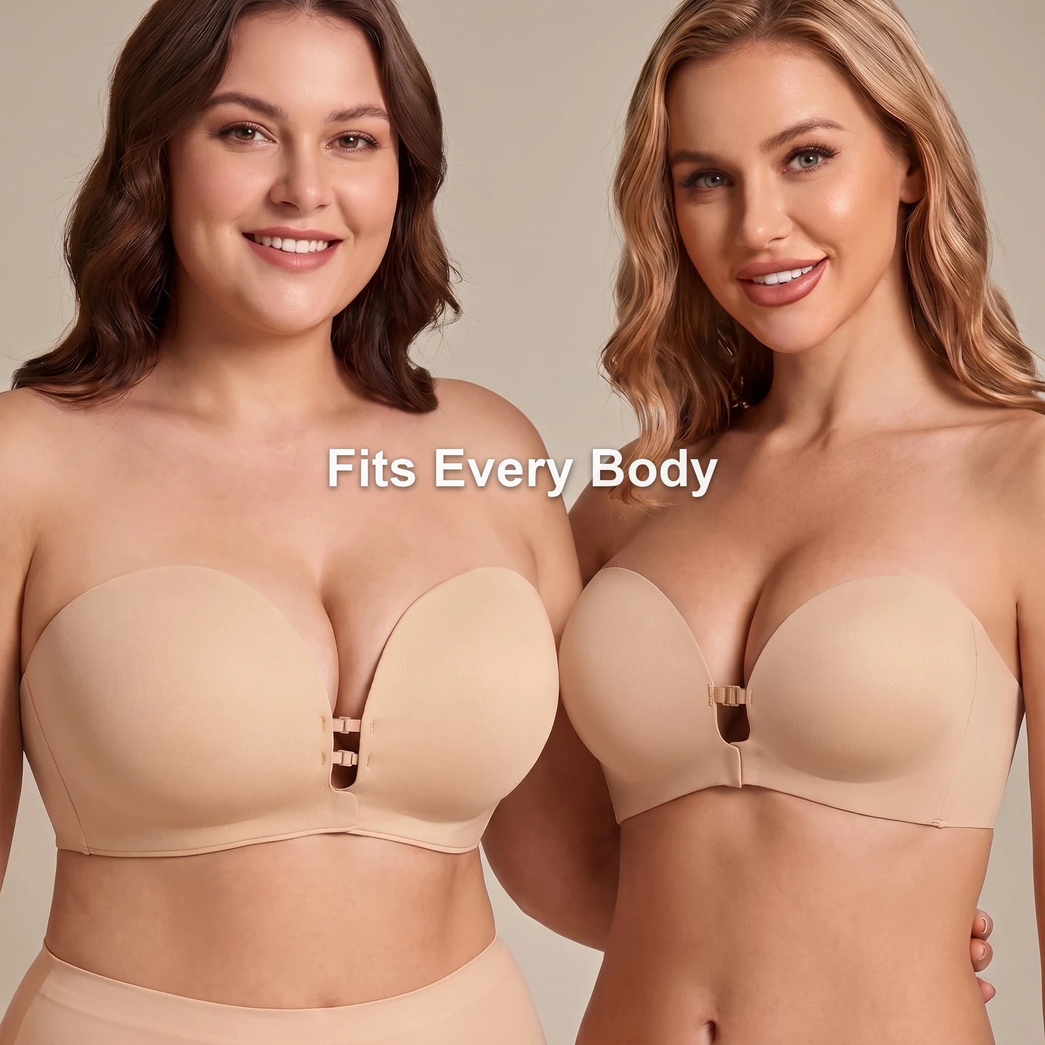 Two women wearing the Velaure nude strapless push-up bra, fits every body